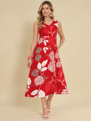 Women Red Ethnic Motifs Digital Print Fit and Flare Midi Dress