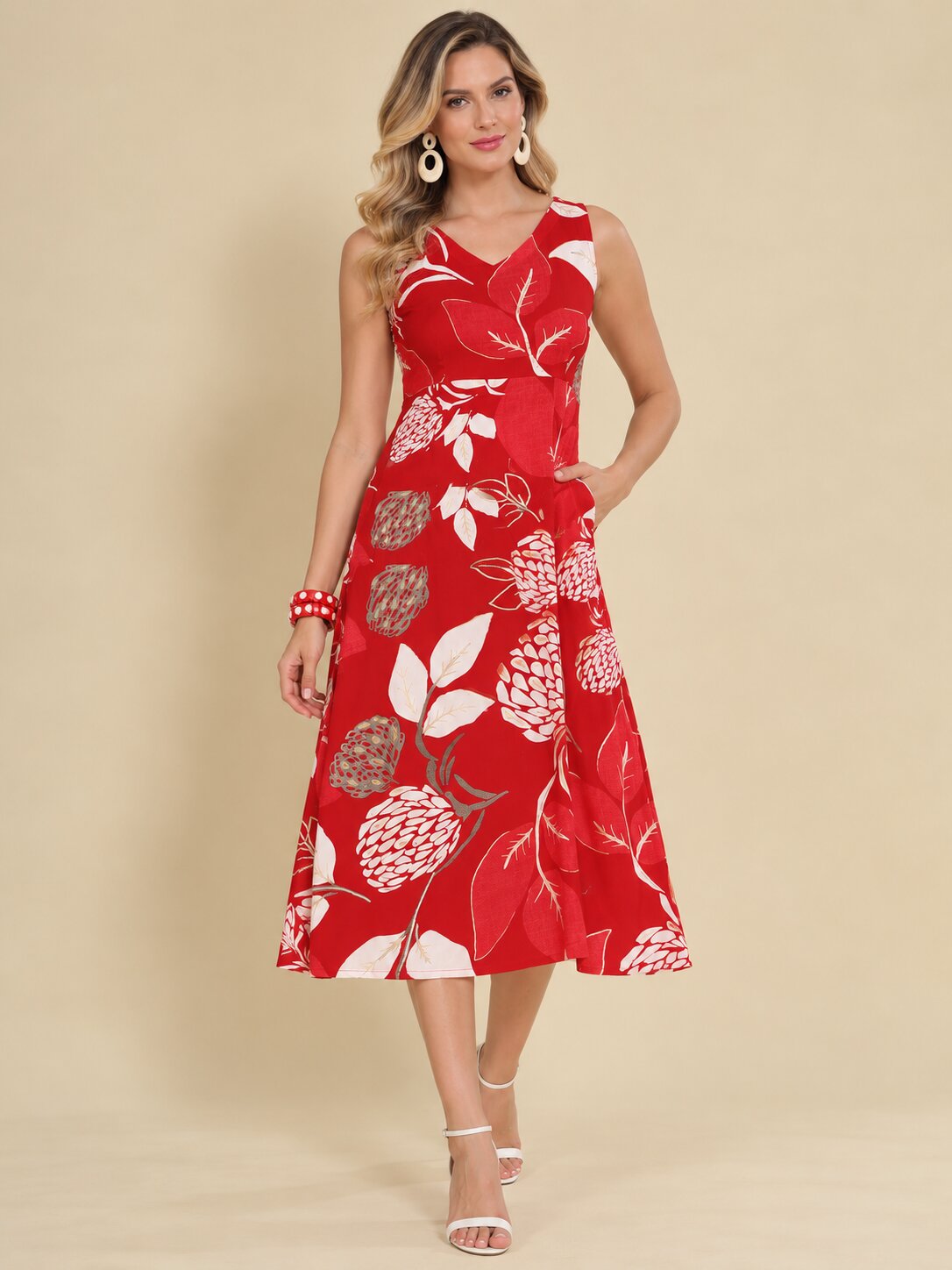 Women Red Ethnic Motifs Digital Print Fit and Flare Midi Dress