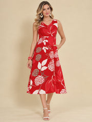 Women Red Ethnic Motifs Digital Print Fit and Flare Midi Dress