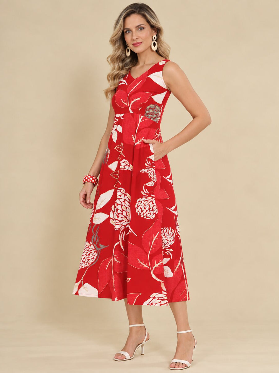 Women Red Ethnic Motifs Digital Print Fit and Flare Midi Dress