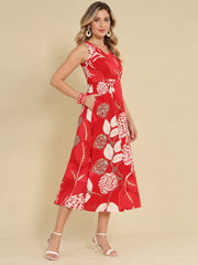 Women Red Ethnic Motifs Digital Print Fit and Flare Midi Dress