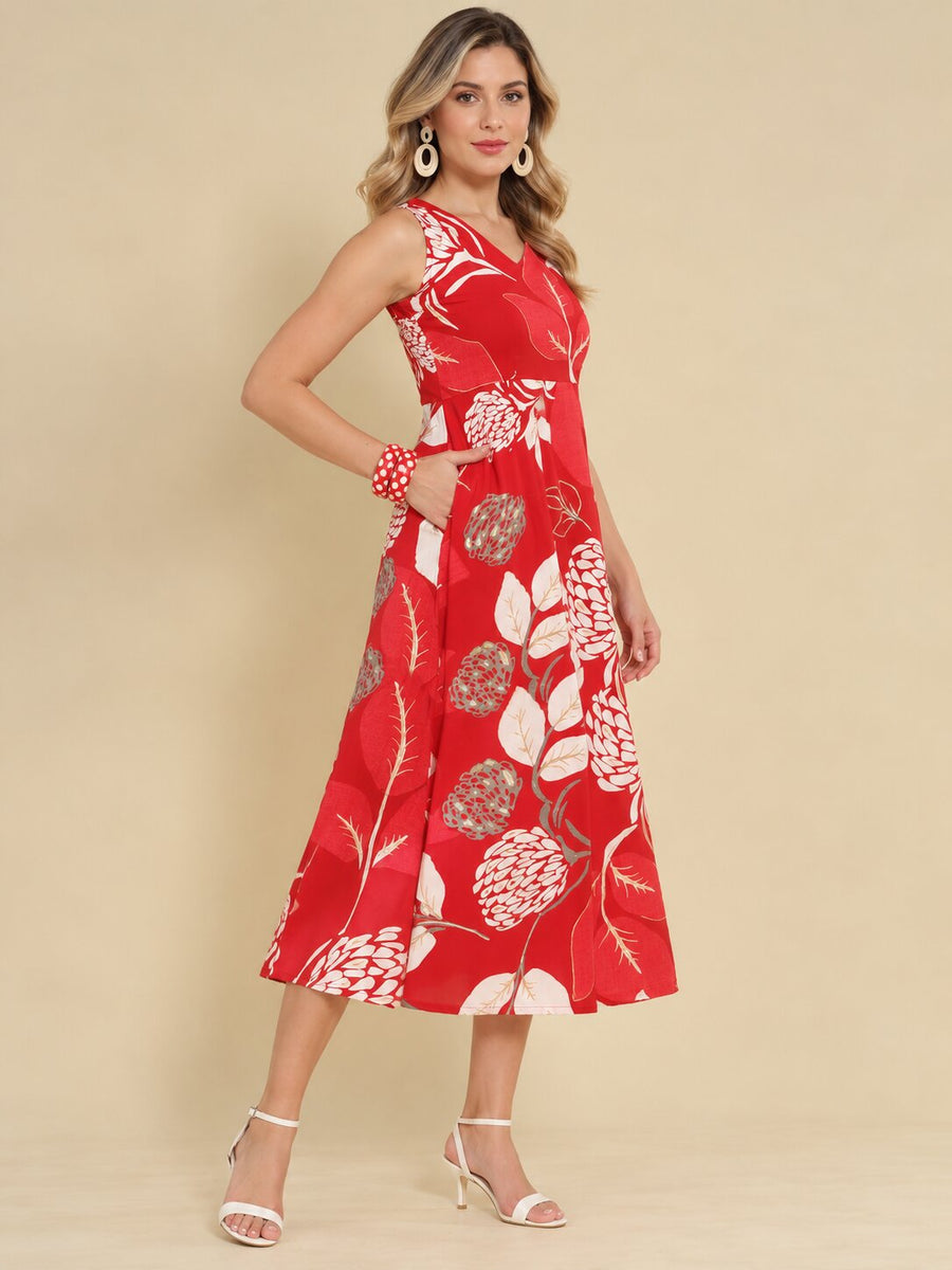 Women Red Ethnic Motifs Digital Print Fit and Flare Midi Dress