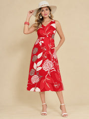 Women Red Ethnic Motifs Digital Print Fit and Flare Midi Dress