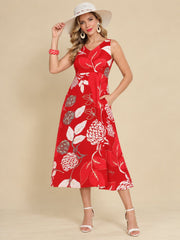 Women Red Ethnic Motifs Digital Print Fit and Flare Midi Dress