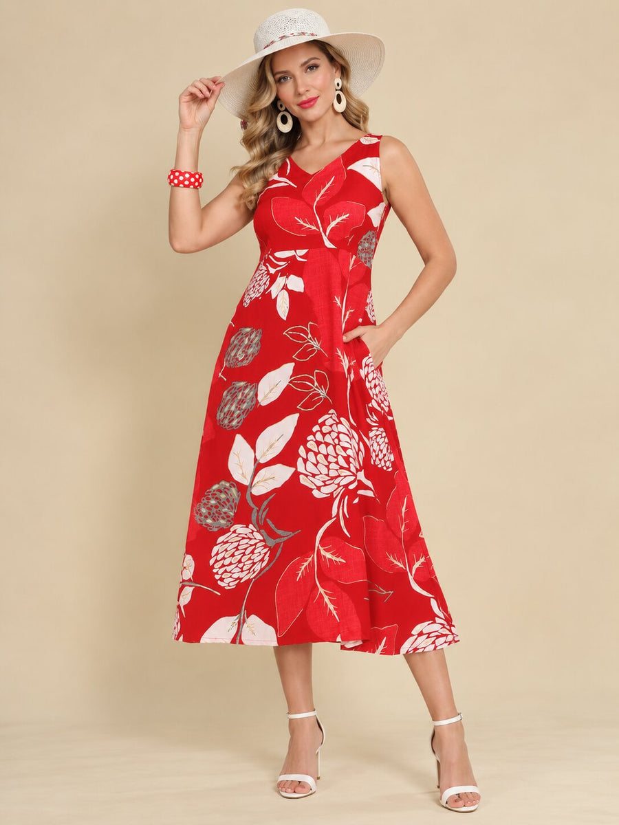 Women Red Ethnic Motifs Digital Print Fit and Flare Midi Dress