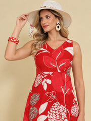 Women Red Ethnic Motifs Digital Print Fit and Flare Midi Dress