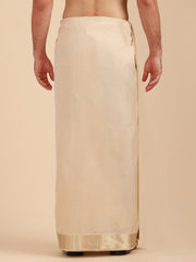 Men Super Fine 2 Ply Cotton Bamboo Solid Beige Colour Premium Jari Dhoti