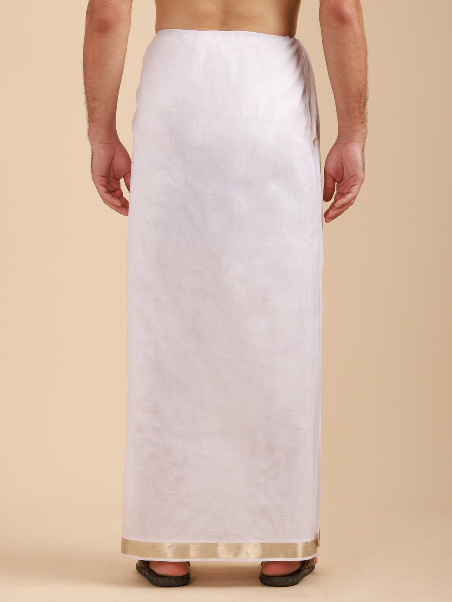 Men Super Fine 2Ply Cotton Regular Dhoti with Gold Jari Border