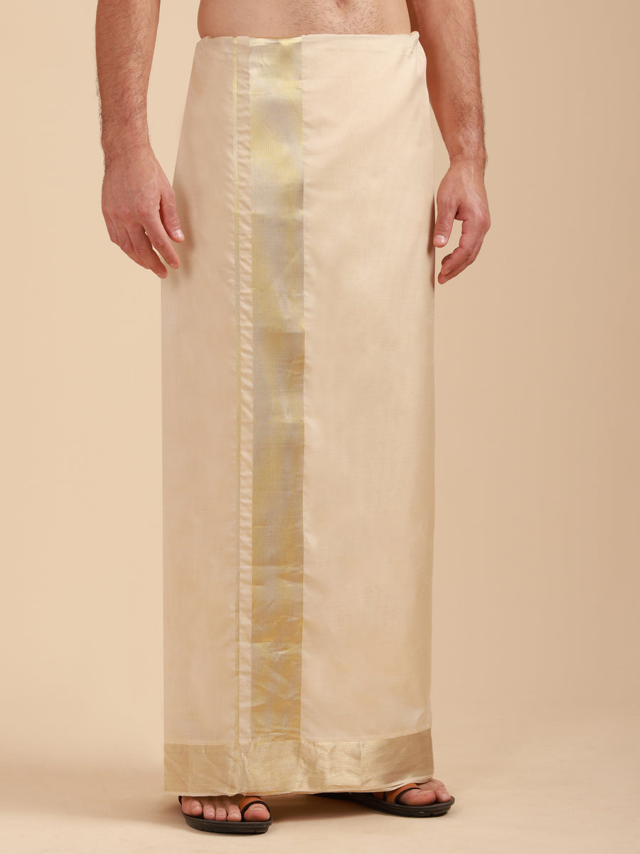 Men Super Fine 2 Ply Cotton Bamboo Solid Beige Colour Premium Jari Dhoti