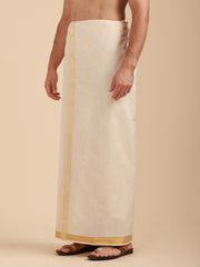 Men Super Fine 2Ply Cotton Regular Dhoti with Gold Jari Border