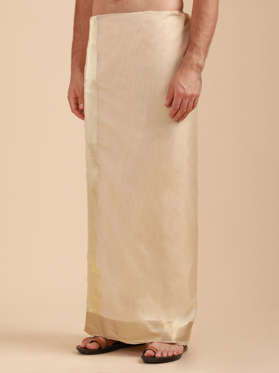 Men Super Fine 2 Ply Cotton Bamboo Solid Beige Colour Premium Jari Dhoti