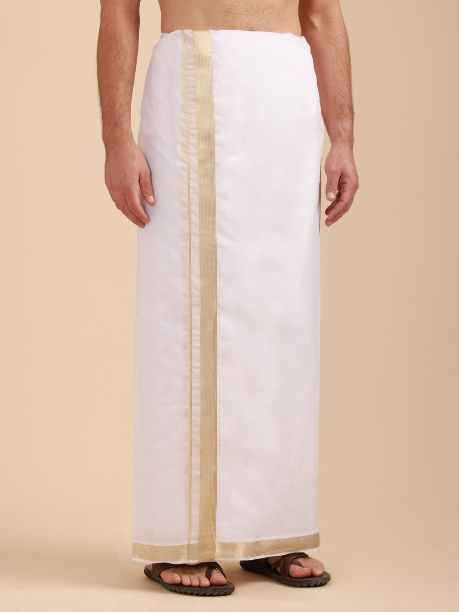 Men Super Fine 2Ply Cotton Regular Dhoti with Gold Jari Border