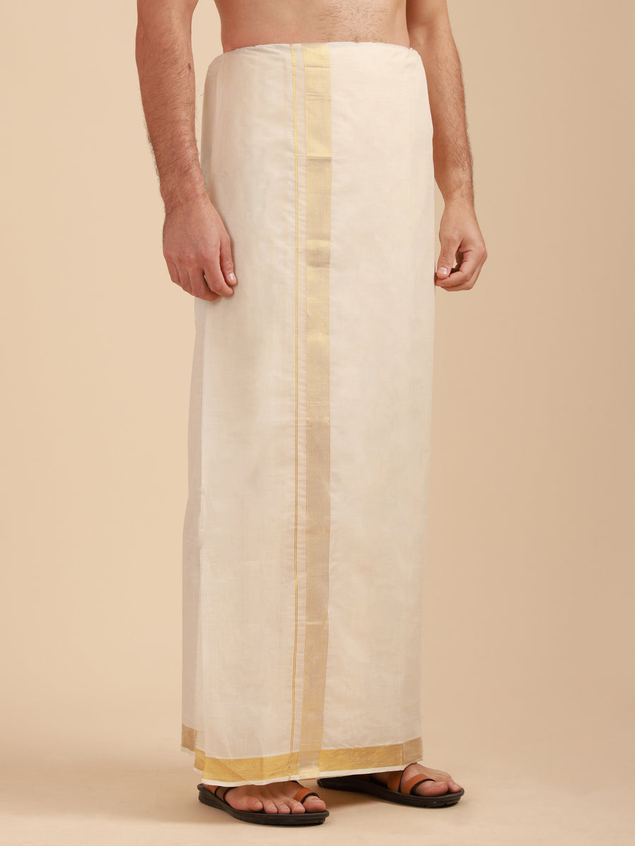 Men Super Fine 2Ply Cotton Regular Dhoti with Gold Jari Border