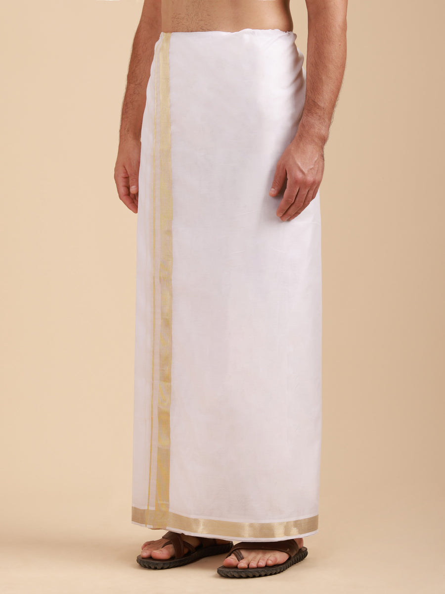Men Super Fine 2Ply Cotton Regular Dhoti with Gold Jari Border