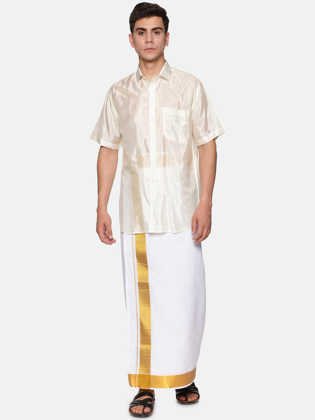 Men Artsilk Shirt and Solid White Ready to Wear Cotton Dhoti Set