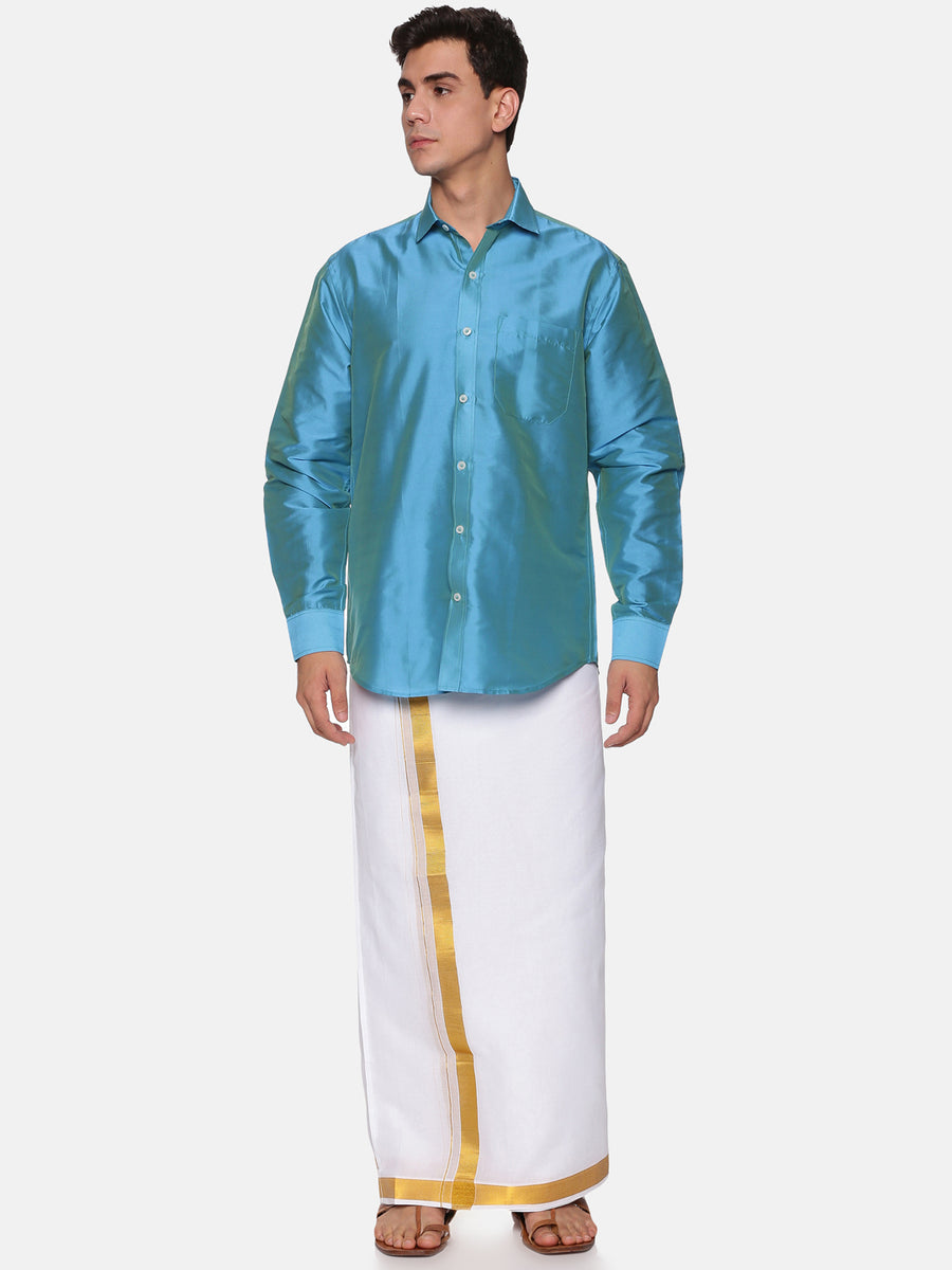 Men Solid Colour Full Sleeve Shirt Pocket Dhoti Set