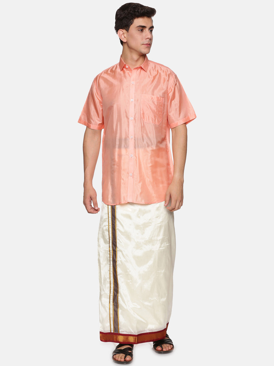 Men Artsilk Half Sleeve Shirt and Contrast Border Pocket Dhoti Set