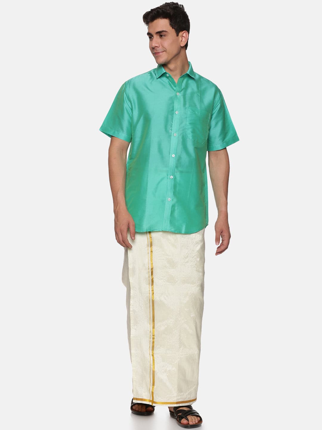 Men Solid Green Colour Half Sleeve Shirt Pocket Dhoti Angavastram Set.