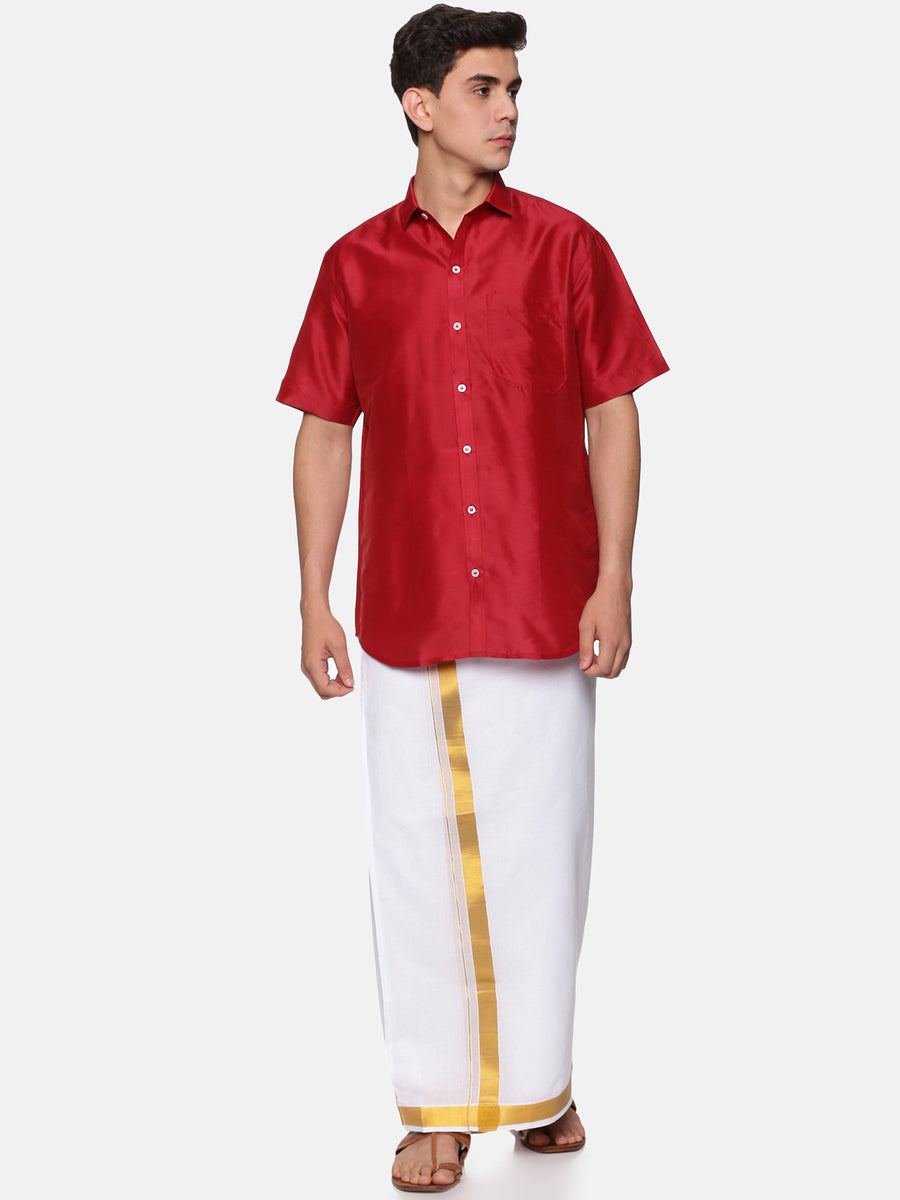 Men Solid Colour Half Sleeve Shirt Pocket Dhoti Set