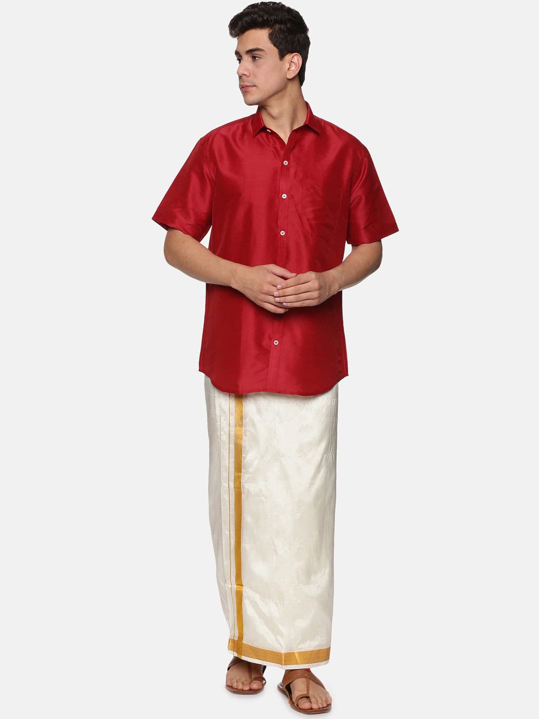 Men Solid Maroon Colour Half Sleeve Shirt Pocket Dhoti Angavastram Set.