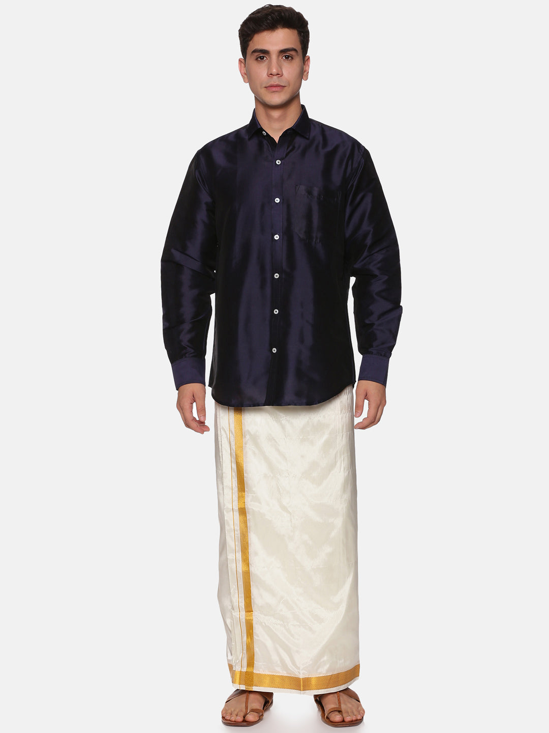 Men Solid Colour Full Sleeve Shirt Pocket Dhoti Set