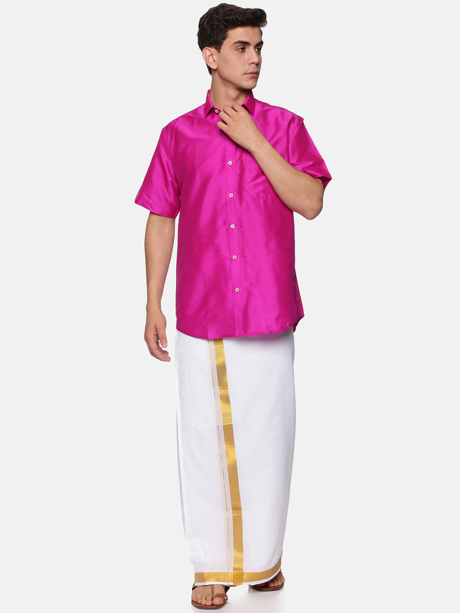 Men Solid Colour Half Sleeve Shirt Pocket Dhoti Set