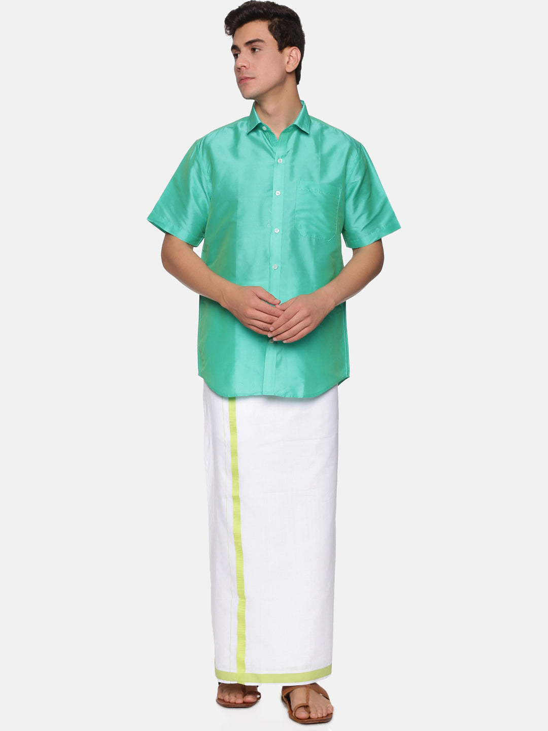 Men Solid Green Colour Half Sleeve Shirt Pocket Dhoti Set