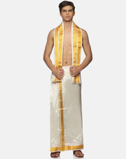 Men Cream Art Silk Readymade Dhoti With Angavastram Set.