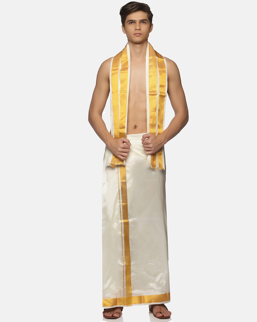 Men Cream Art Silk Readymade Dhoti With Angavastram Set.