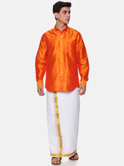 Men Solid Colour Full Sleeve Shirt Pocket Dhoti Set