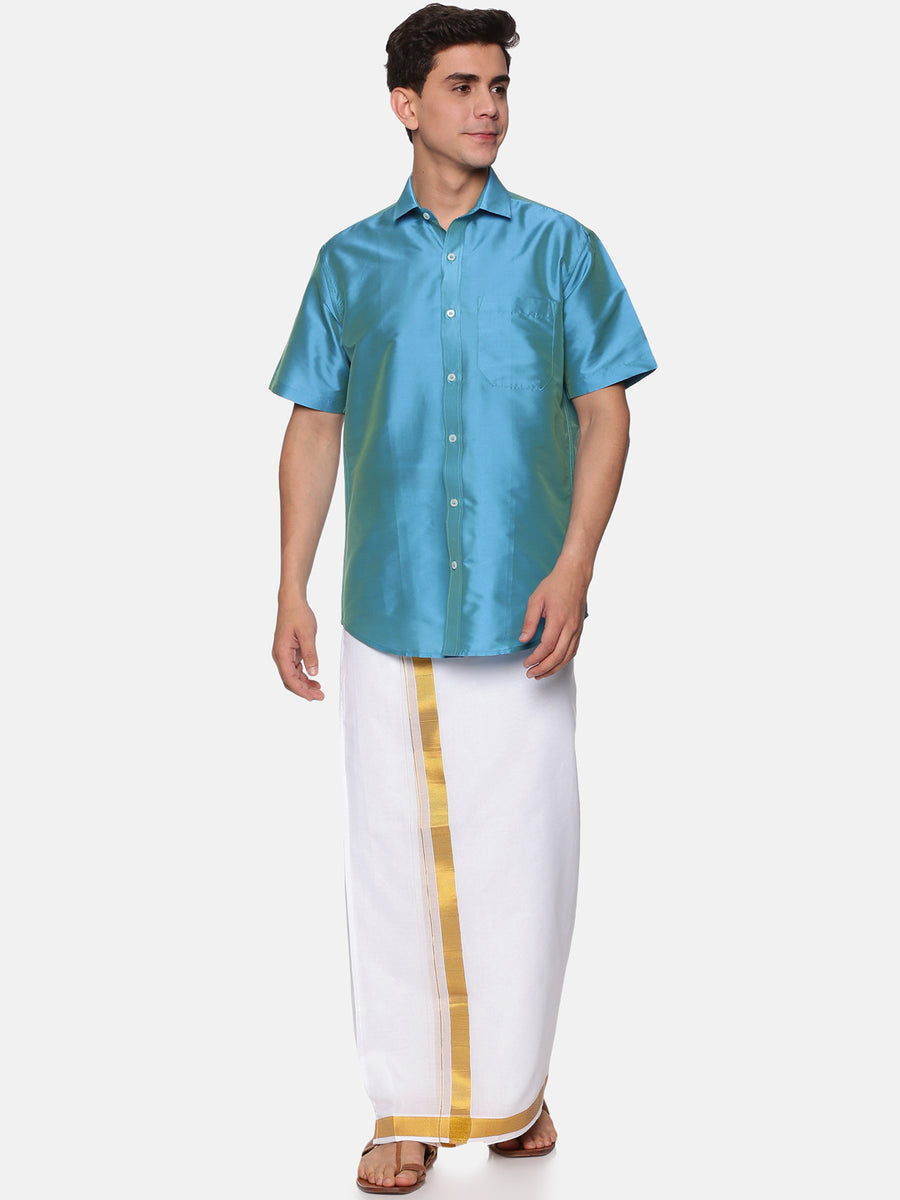 Men Solid Colour Half Sleeve Shirt Pocket Dhoti Set