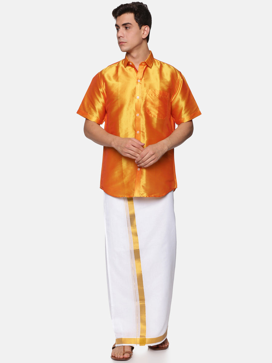 Men Solid Colour Half Sleeve Shirt Pocket Dhoti Set