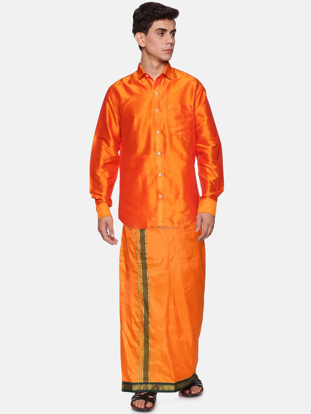 Men Solid Orange Colour Full Sleeve Shirt Pocket Dhoti Set