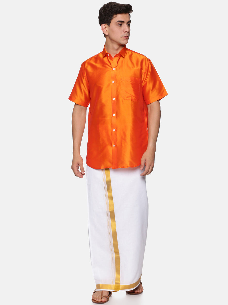 Men Solid Colour Half Sleeve Shirt Pocket Dhoti Set