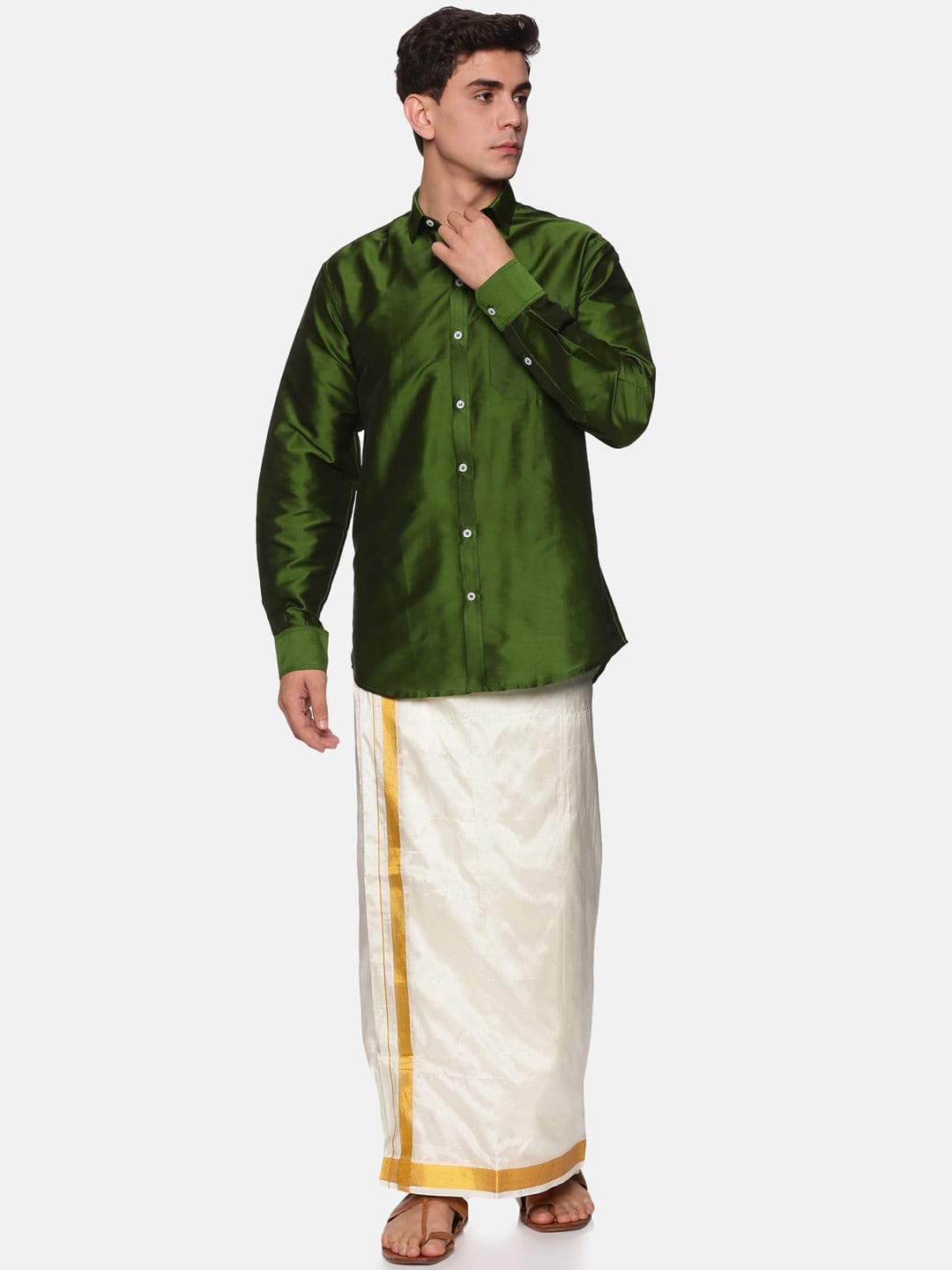 Men Solid Green Colour Full Sleeve Shirt Pocket Dhoti Angavastram Set.
