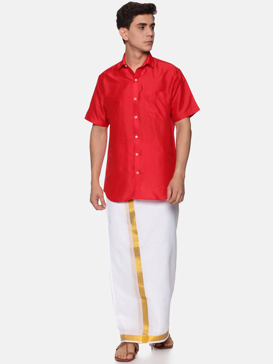 Men Solid Colour Half Sleeve Shirt Pocket Dhoti Set