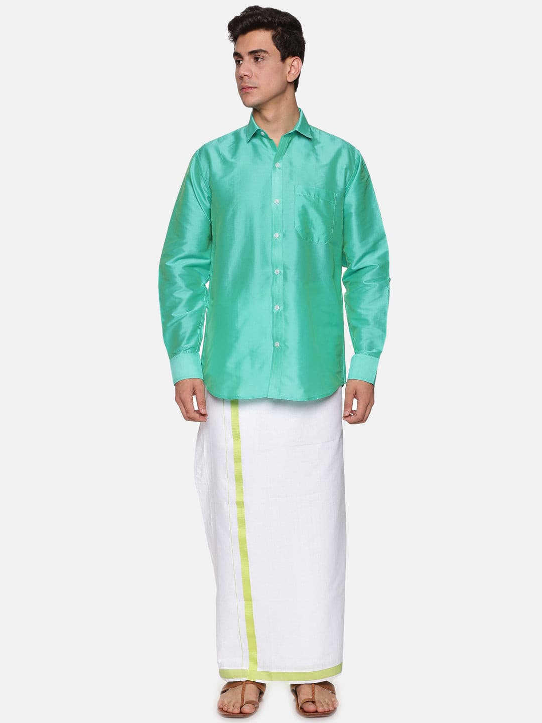 Men Solid Green Colour Full Sleeve Shirt Pocket Dhoti Set