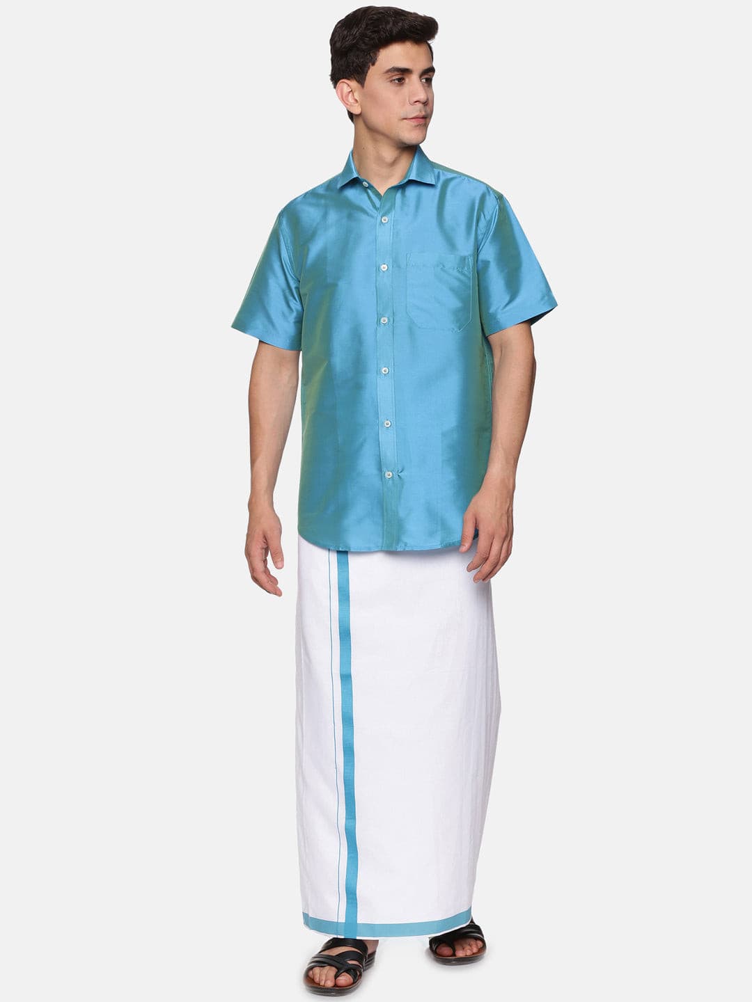 Men Solid Blue Colour Half Sleeve Shirt Pocket Dhoti Set
