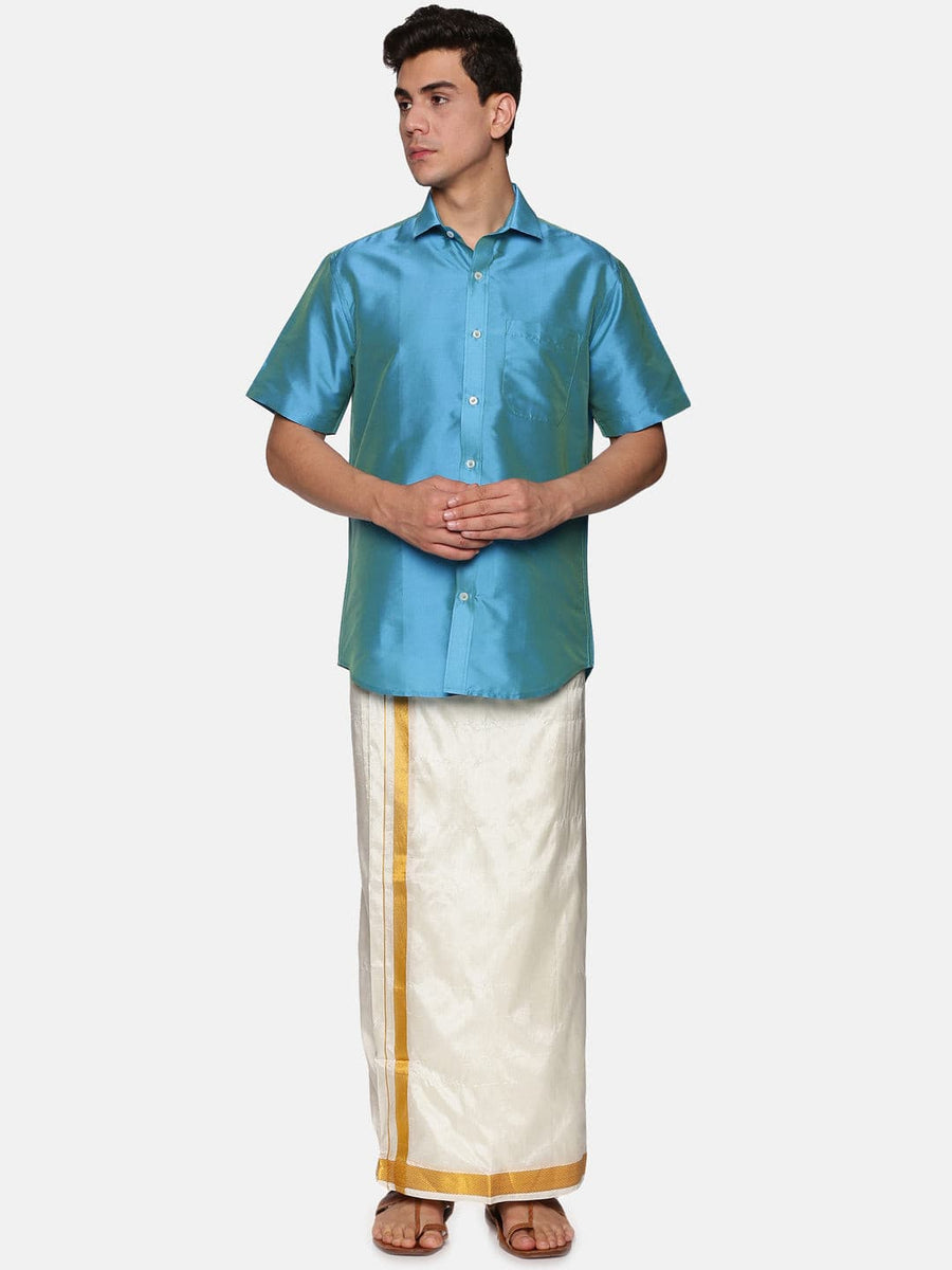 Men Solid Blue Colour Half Sleeve Shirt Pocket Dhoti Set.