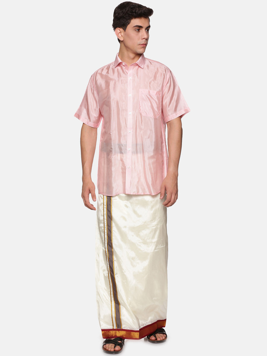 Men Artsilk Half Sleeve Shirt and Contrast Border Pocket Dhoti Set