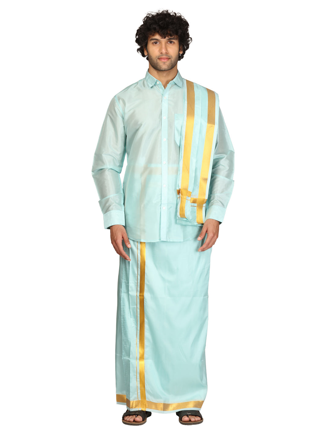 Mens Art Silk Full Sleeve Shirt with Pocket Dhoti and Angavastram Set