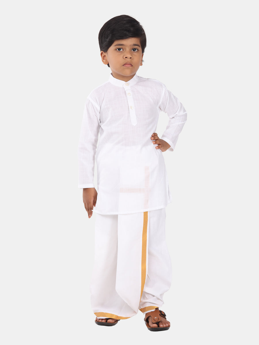 Boys White Colour Cotton Kurta Dhoti Pant Set.