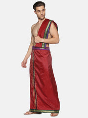 Men Maroon Art Silk Readymade Dhoti With Angavastram Set.