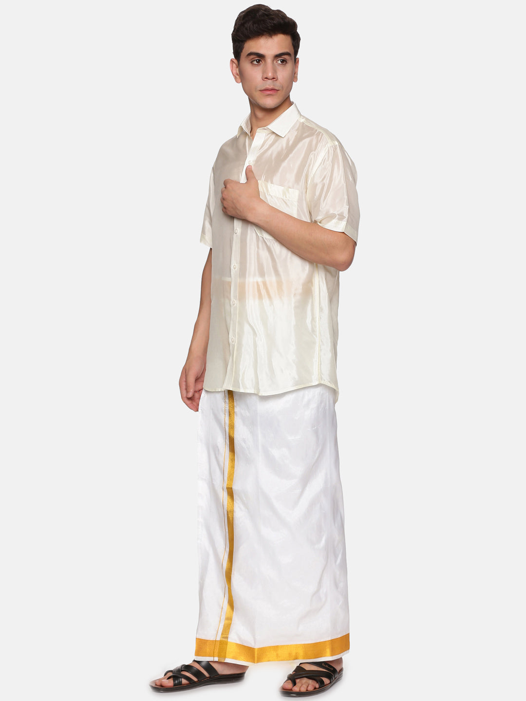Men Artsilk Shirt and Solid White Ready to Wear Dhoti Set