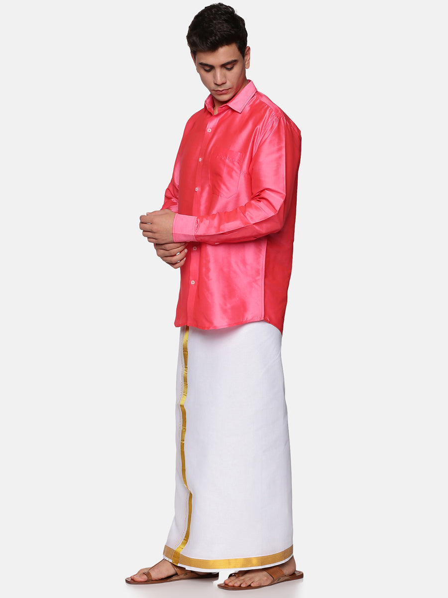 Men Solid Colour Full Sleeve Shirt Pocket Dhoti Set