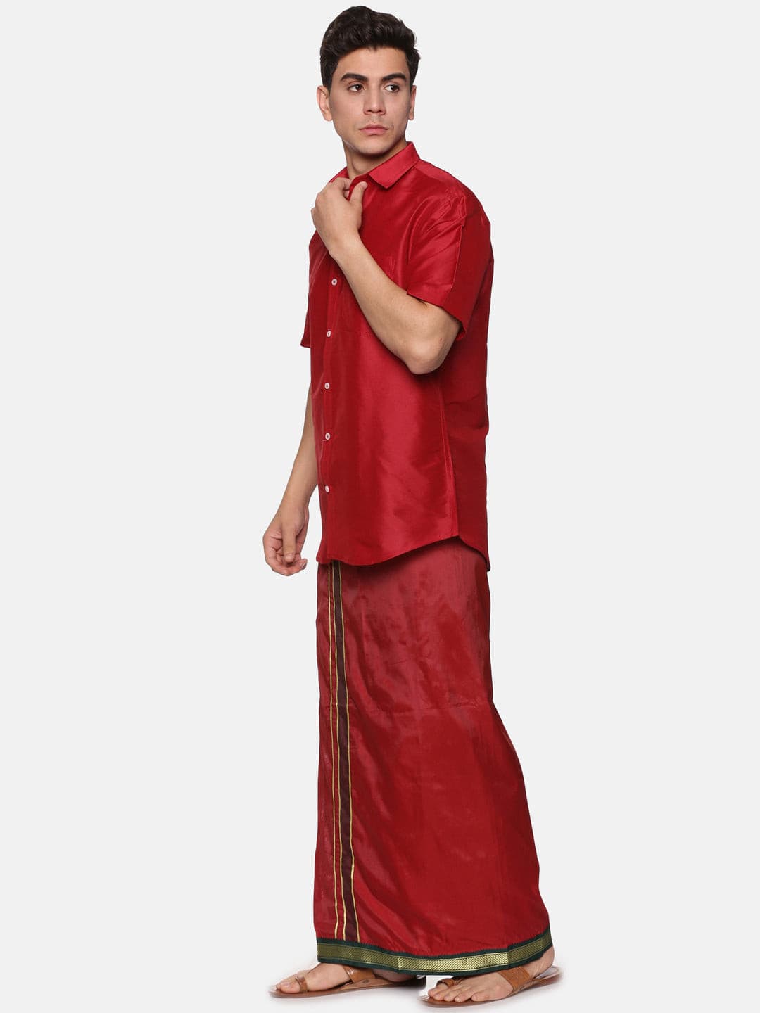 Men Solid Maroon Colour Half Sleeve Shirt Pocket Dhoti Set.