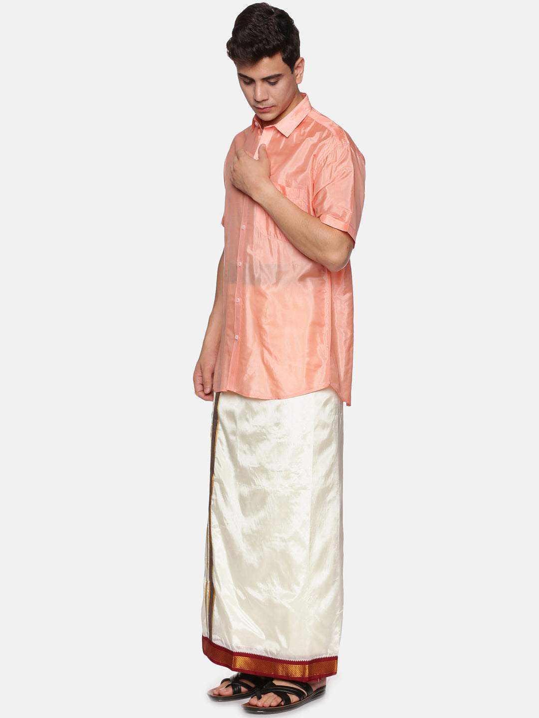 Mens Art Silk Peach Shirt With Cream Dhoti And Angavastram.