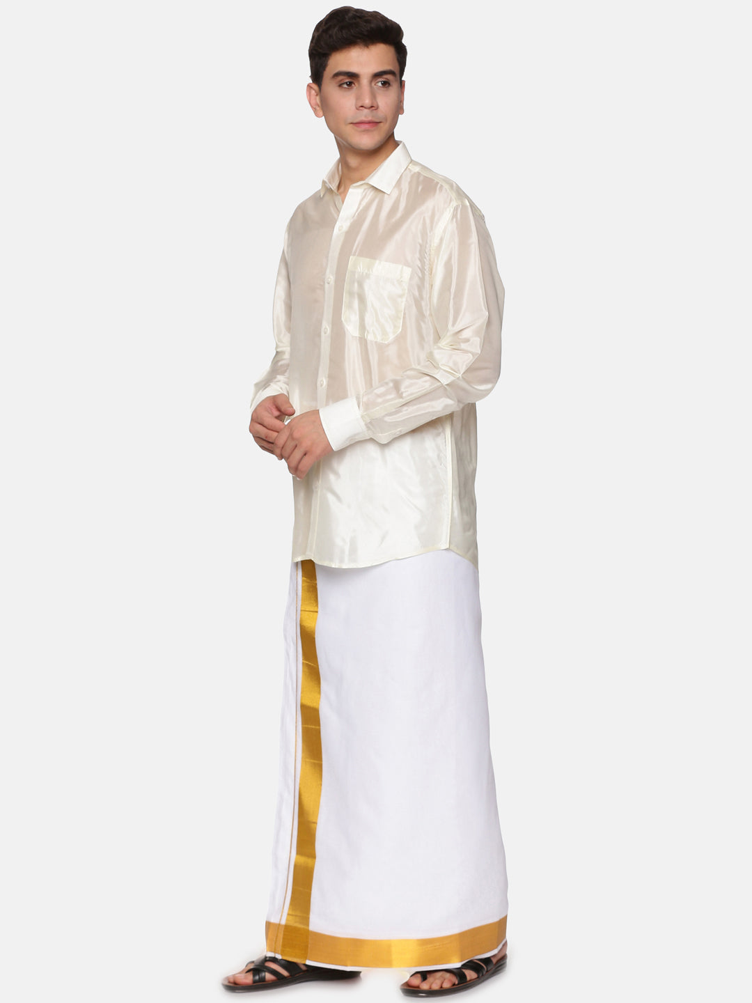 Men Full Sleeve Cream Colour Shirt and Pocket Dhoti Set