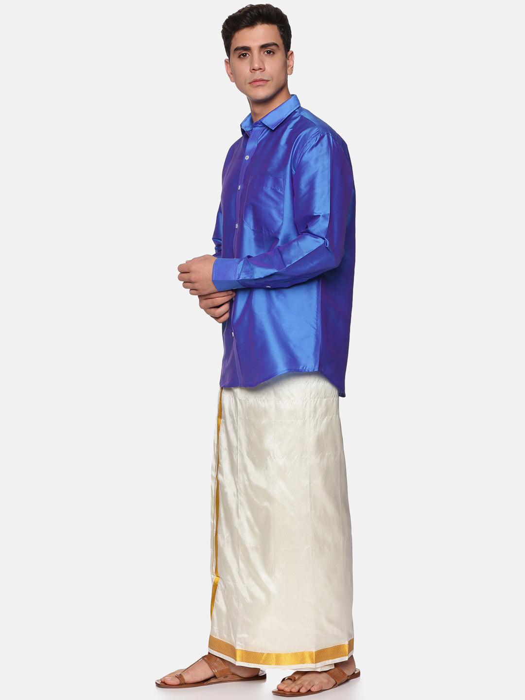 Men Solid Colour Full Sleeve Shirt Pocket Dhoti Set