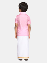 Boys Pink Colour Readymade Shirt With Dhoti Set.